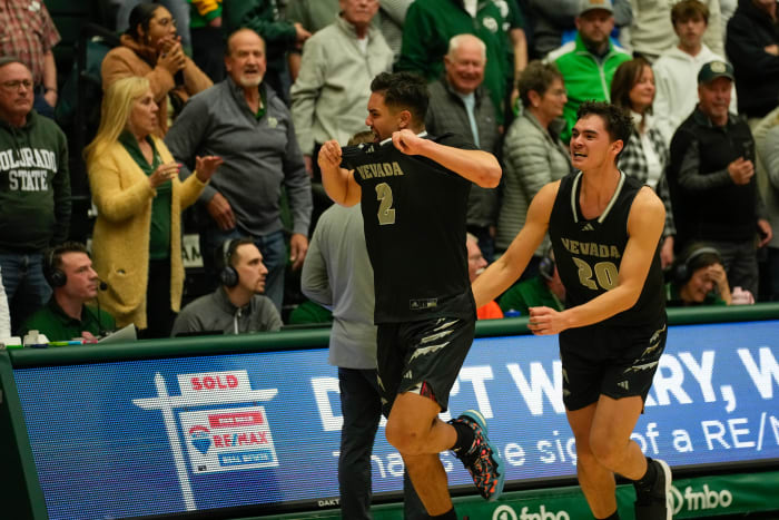 Nevada guard Jarod Lucas (2) celebrates hitting the 3-point buzzer beater to defeat Colorado State Rams 77-74 at Moby Arena in Fort Collins, Colorado.
